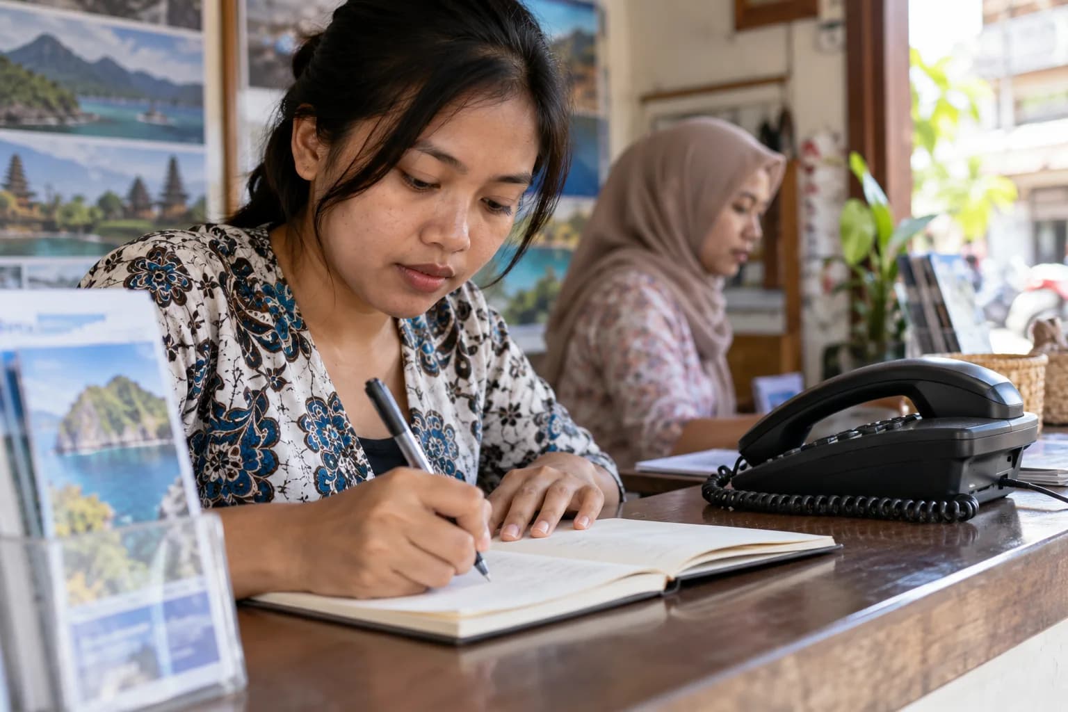 Operator menuliskan tindak lanjut pada buku catatan di meja layanan.