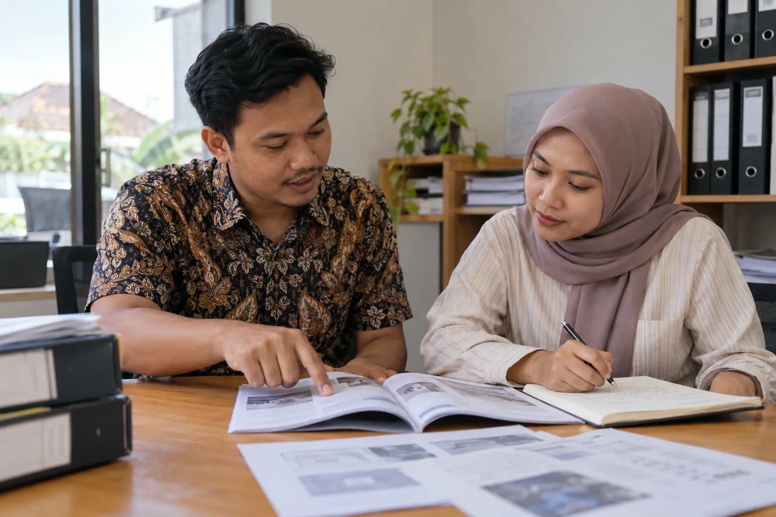 Dua rekan kerja memeriksa panduan cetak bersama di sebuah kantor usaha.